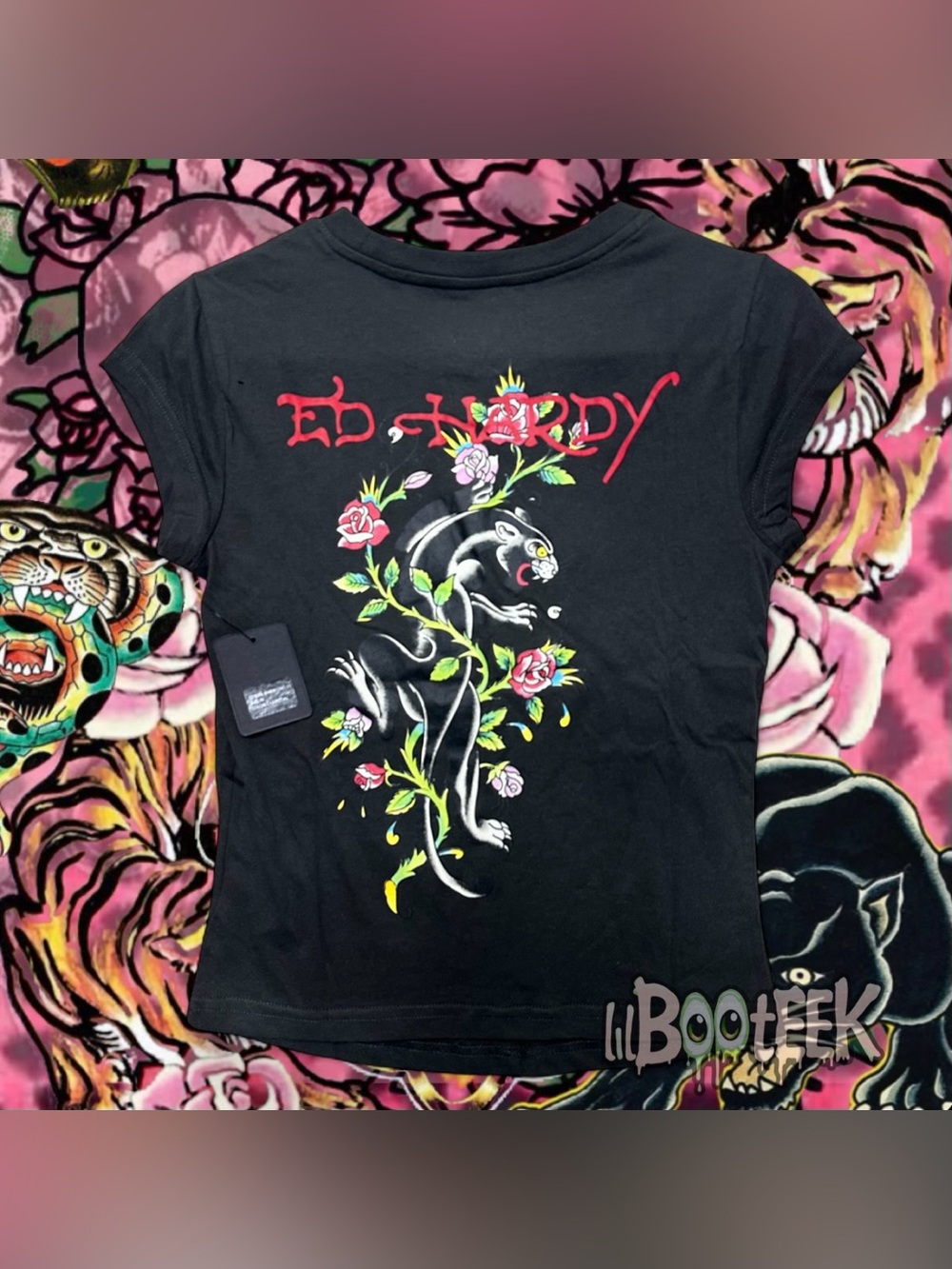 Ed Hardy Ladies MD Charcoal Cap Sleeve Floral Black Panther Baby Tee NEW Y2K